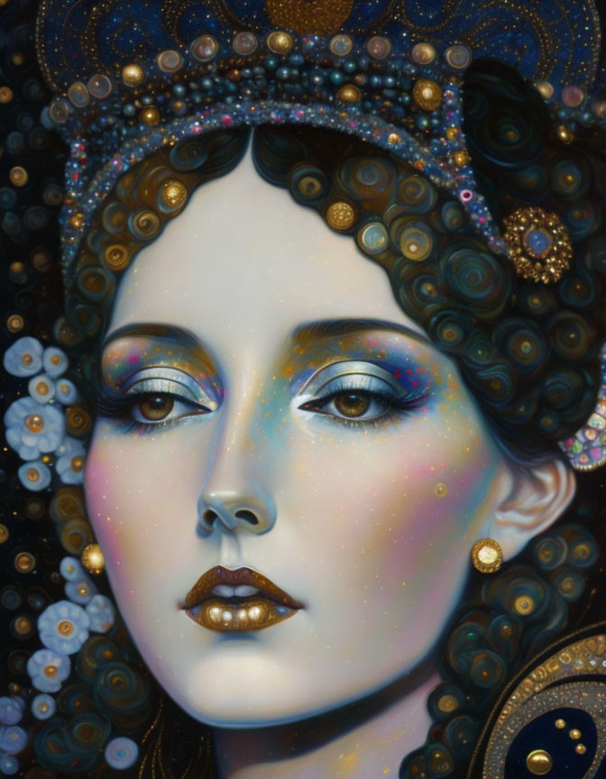 Elaborate woman portrait with jeweled headwear and colorful makeup