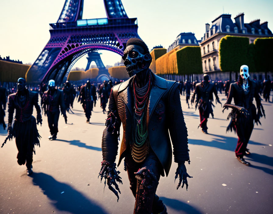 Elaborately costumed group with skull face paint near Eiffel Tower