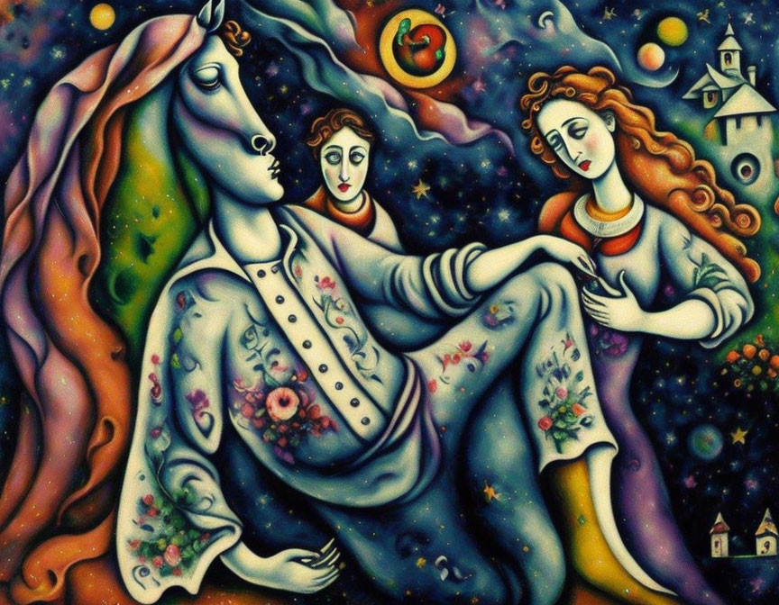 Colorful surreal artwork: two elongated faces, unicorn, starry sky, celestial objects, quaint