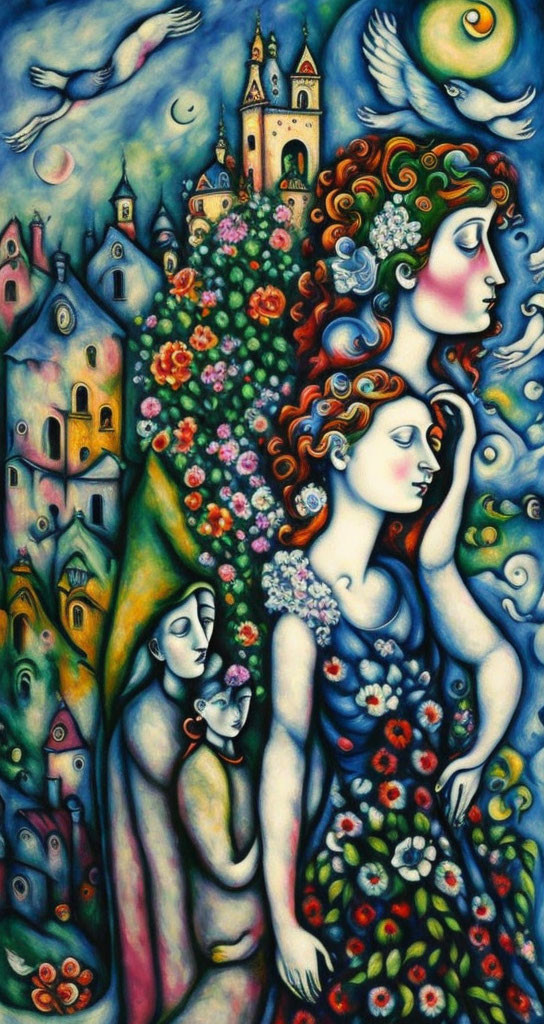 Colorful surrealist painting with stylized figures and floral patterns against whimsical backdrop.