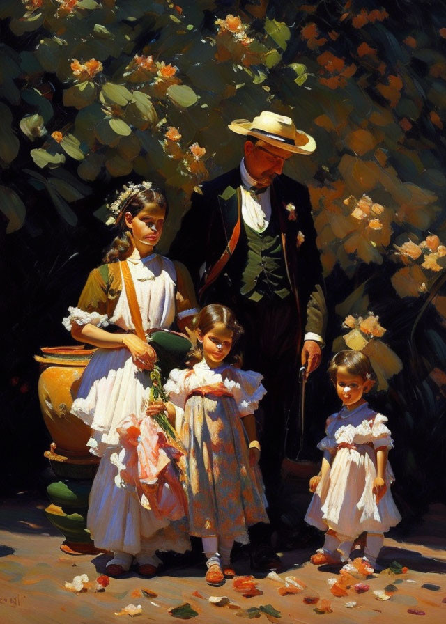 Gentleman in Hat with Three Young Girls in Sunny Garden