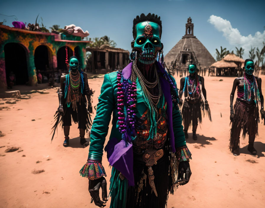 Person in intricate skull makeup and colorful traditional clothing with a group of similarly attired individuals under clear blue