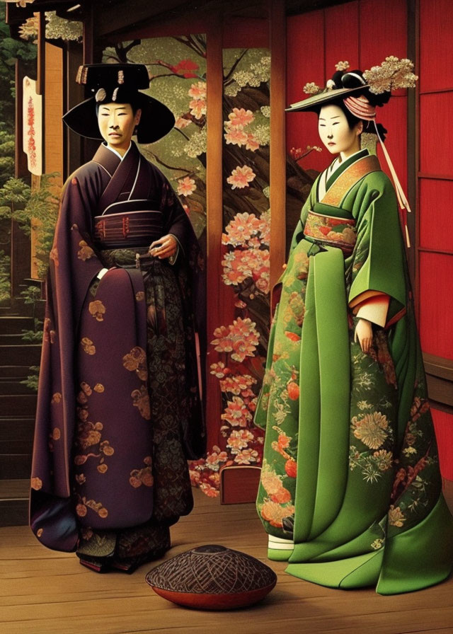 Traditional Japanese couple in ceremonial attire by floral-patterned wooden veranda