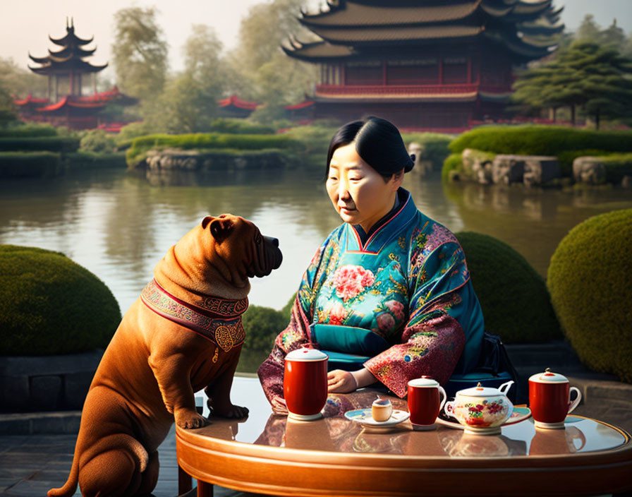 Woman and dog in traditional attire at table with tea set in oriental garden setting