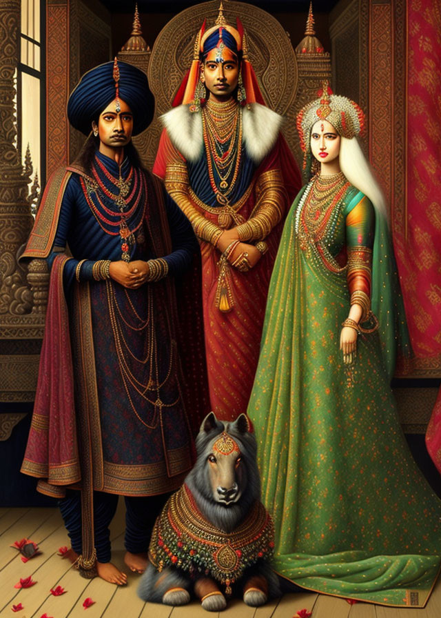 Traditional Indian attire painting of regal couple with nobleman and wolf in ornate setting