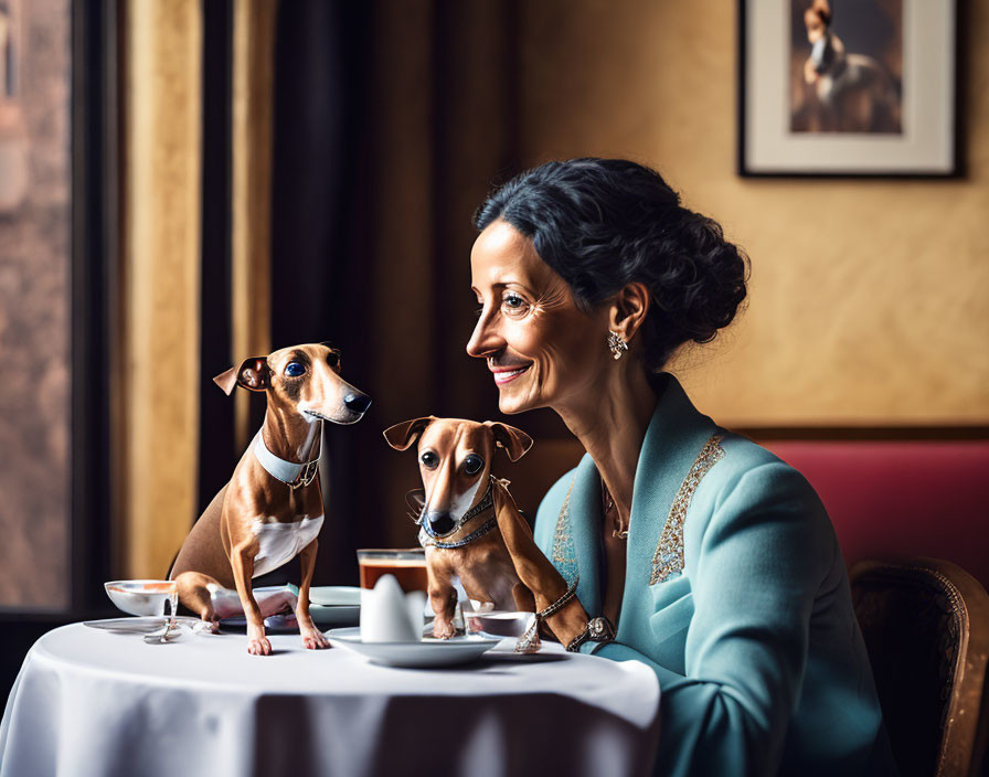 Woman in teal blazer dining with two Italian Greyhounds at elegant restaurant