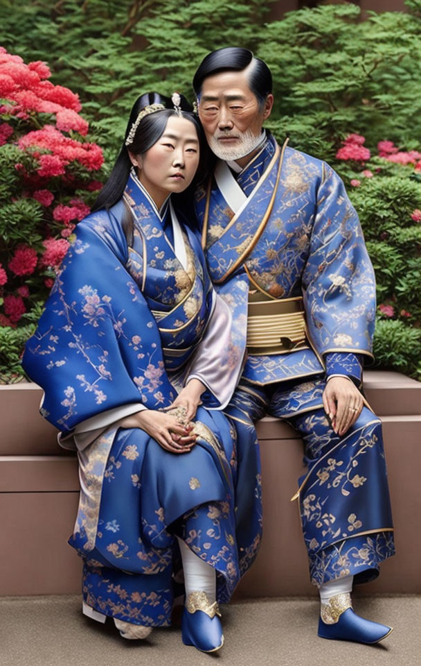 Traditional Japanese Attire Figures with Floral Patterns on Greenery Backdrop