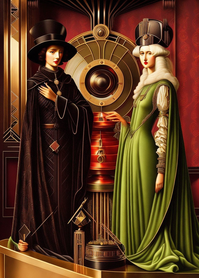 Stylized steampunk attire on two elegant women against a mechanical backdrop