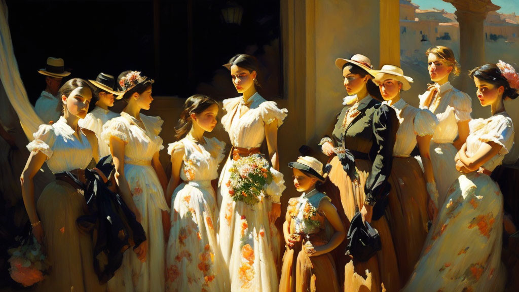 Vintage Clothing Group of Women and Child in Warm Sunlight