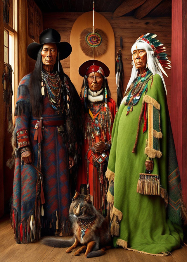 Native American attire individuals in wooden room with cat