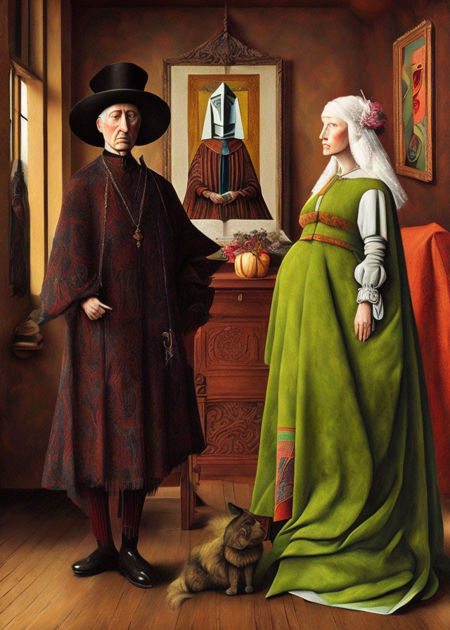 Renaissance couple with cat, portrait, and pumpkin in room