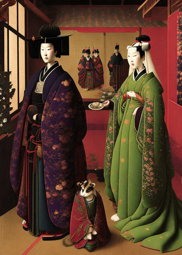 Traditional Japanese women in ornate room with tea set and dressed animal.