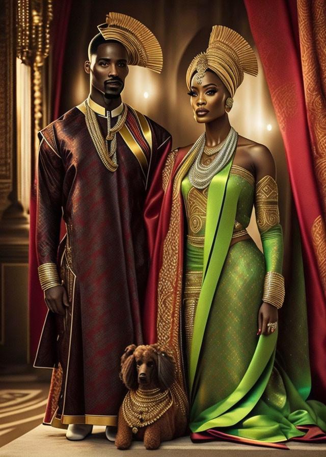 African-inspired regal couple with dog in ornate room