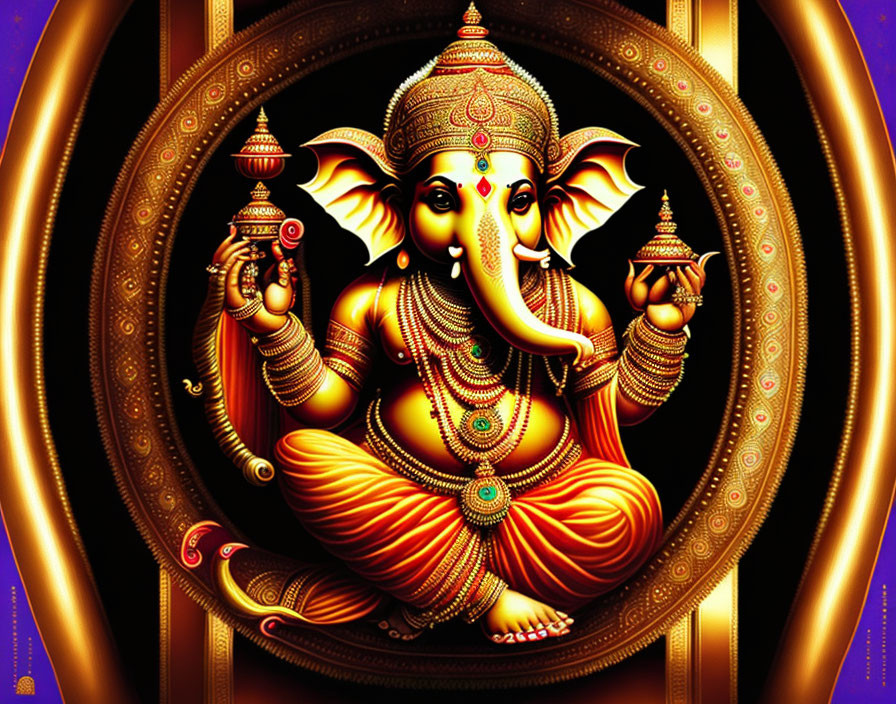 Lord Ganesha illustration: golden aura, ornate jewelry, traditional symbols, deep blue background.