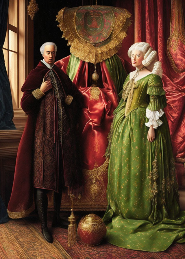 Opulent 17th-Century Couple by Throne in Rich Attire