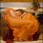 Tranquil woman in flowing dress surrounded by cushions and floral accents