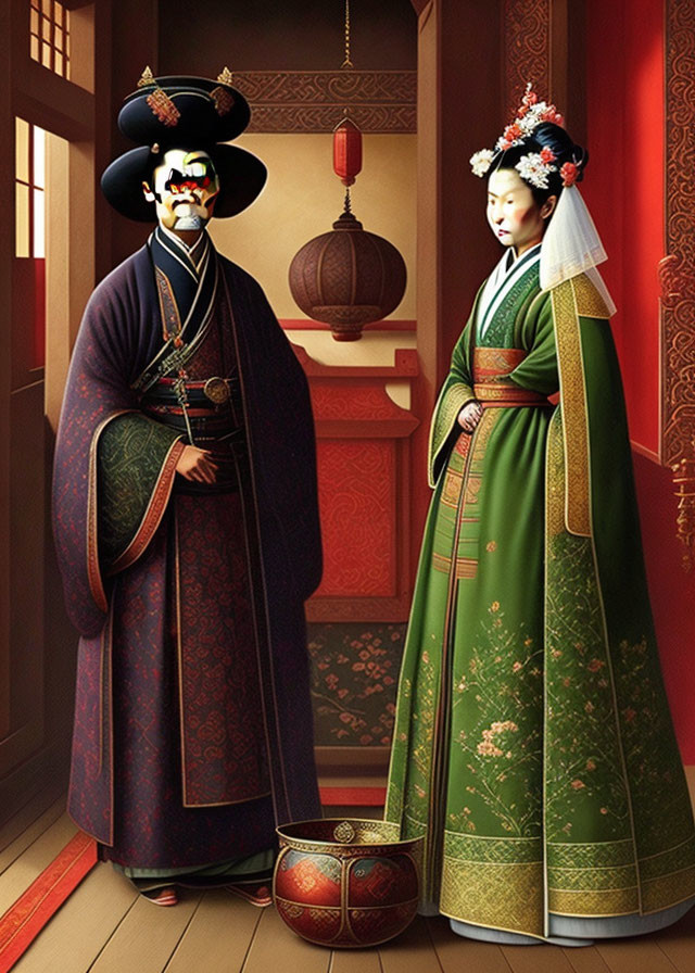 Traditional Korean couple in hanbok with painted face and black gat in ornate room.