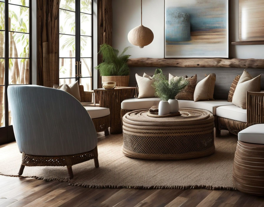 Modern Blue Chair and Woven Ottoman in Cozy Living Room