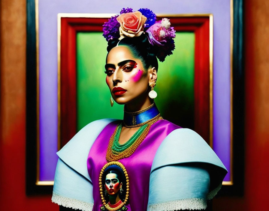 Vibrant makeup woman with Frida Kahlo-inspired look in colorful frames