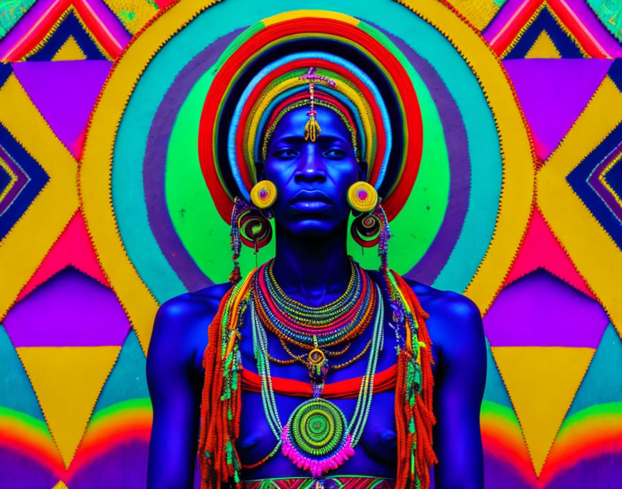 Colorful tribal jewelry and attire on person with psychedelic background