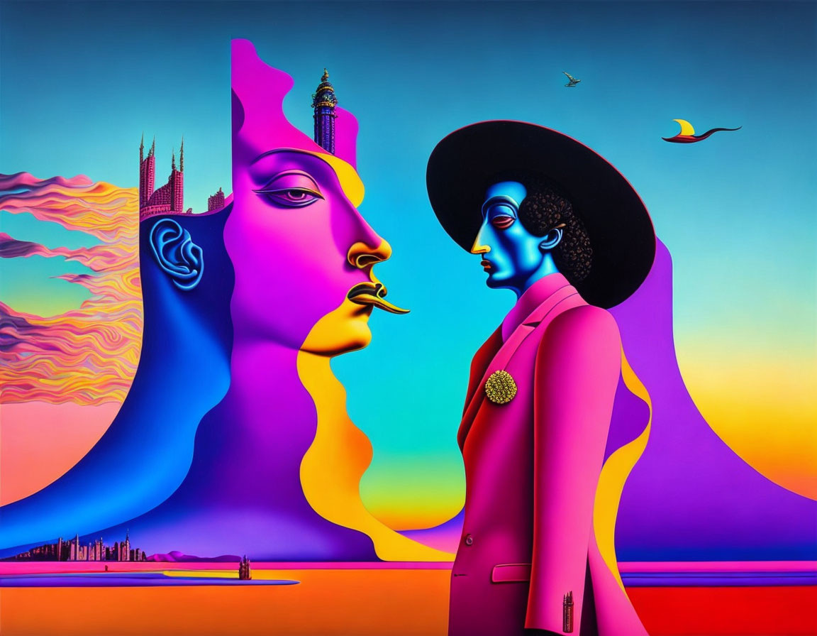 Colorful Surrealist Painting Featuring Stylized Faces in Profile