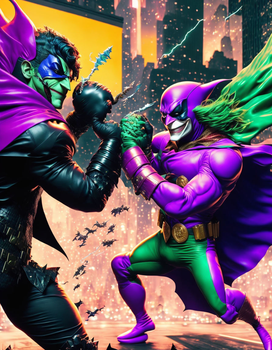 Dynamic Superhero Battle in Vibrant Cityscape at Dusk