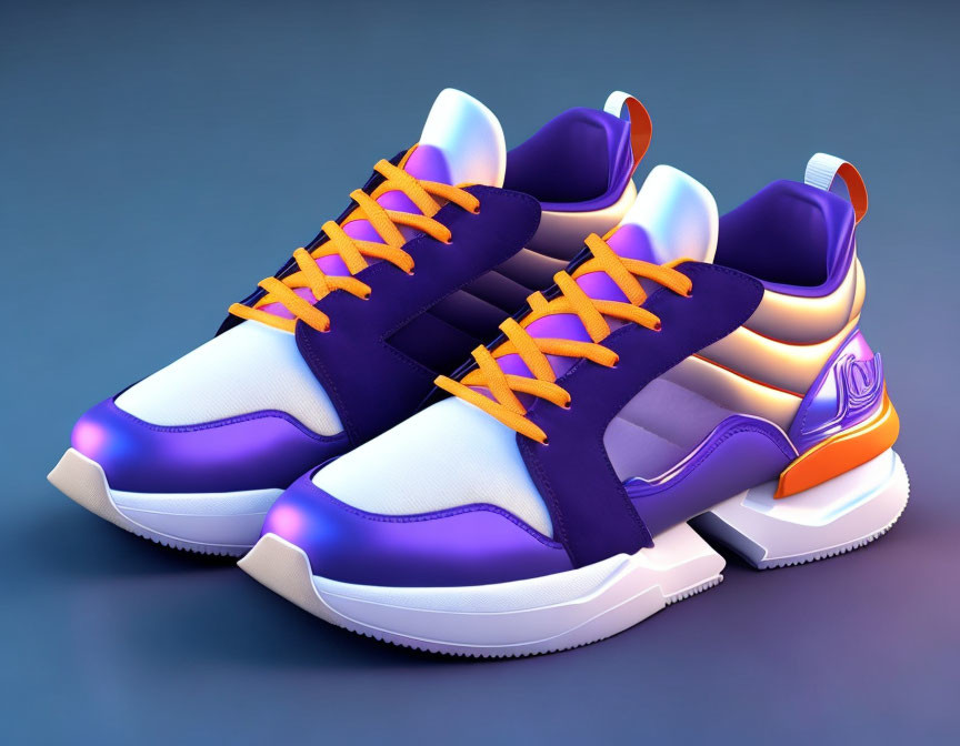 Modern sneakers: white sole, purple & blue gradient, orange laces, dynamic silhouette on blue background