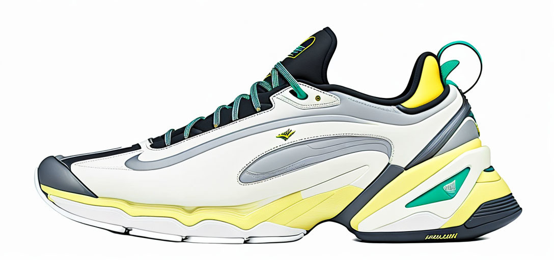 White, Grey, Yellow, and Green Sneaker with Wave Sole Design