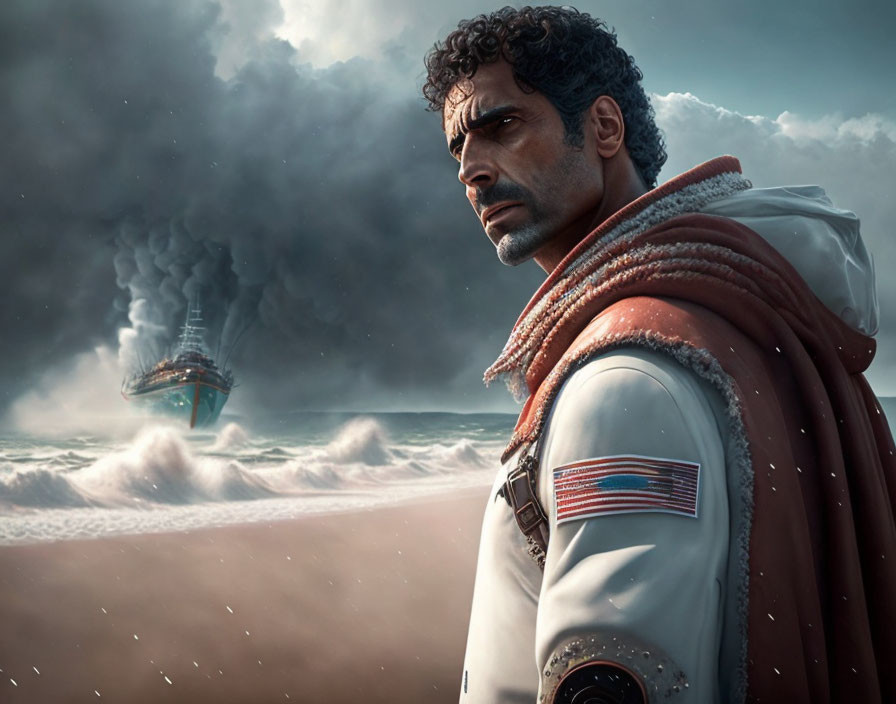 Spacesuit-wearing man views spaceship crash in stormy sea