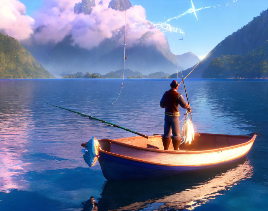 Person fishing from wooden boat on serene lake with mountains and clouds at sunrise or sunset