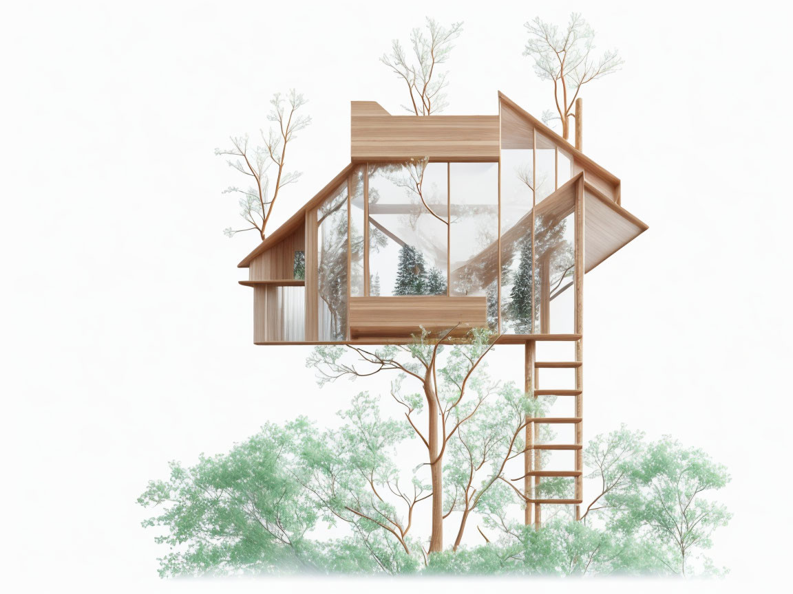 Minimalist Wooden Treehouse with Large Windows and External Ladder