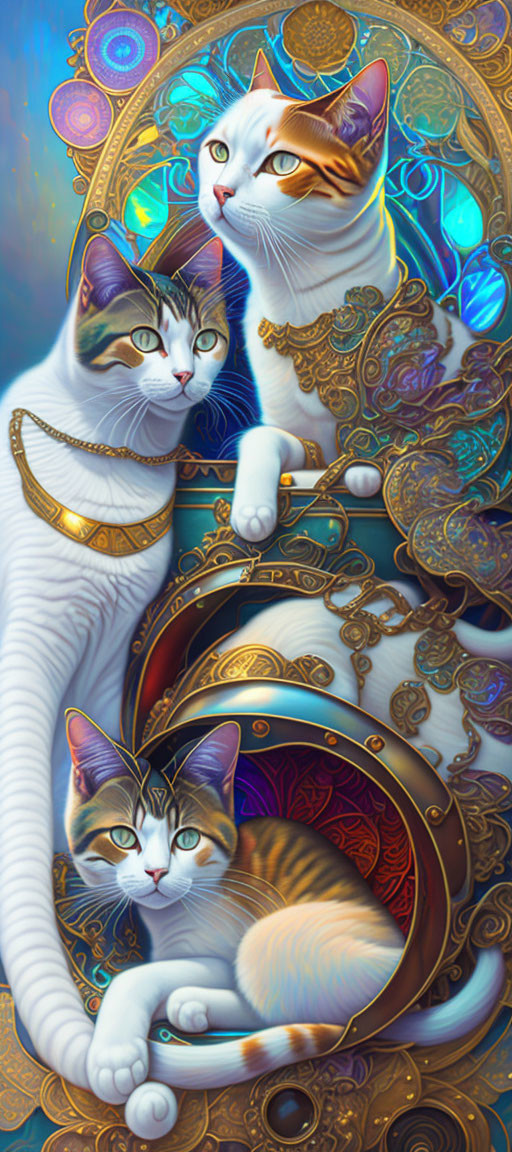 Three Regal Cats Adorned with Gold Jewelry in Ornate Setting