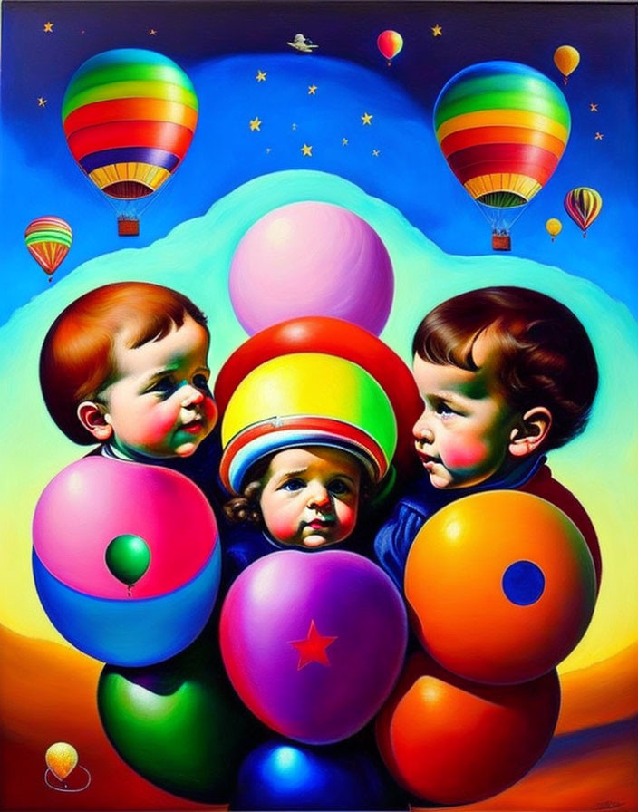 Whimsical oversized baby faces with colorful balls and hot air balloons against vibrant blue sky