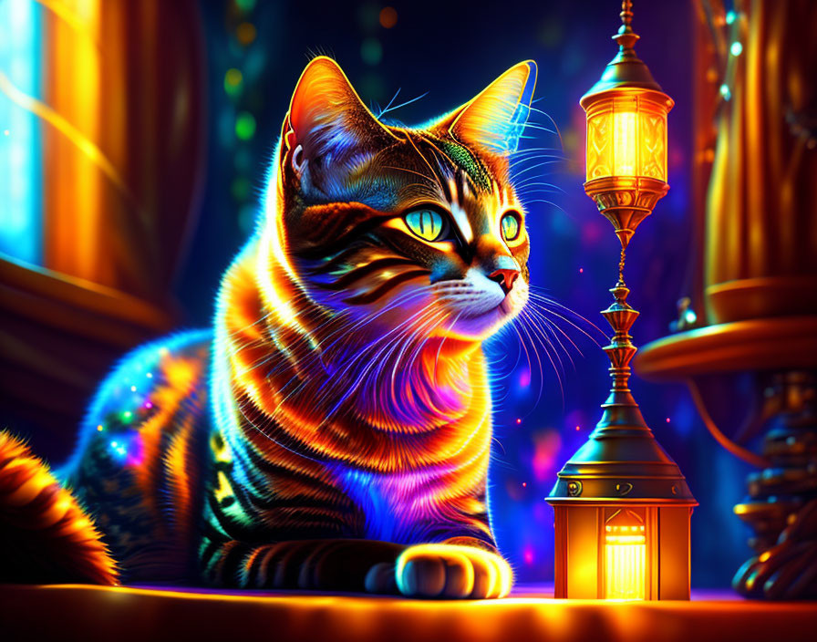 Colorful Cat Illustration Next to Lantern with Enchanted Lighting