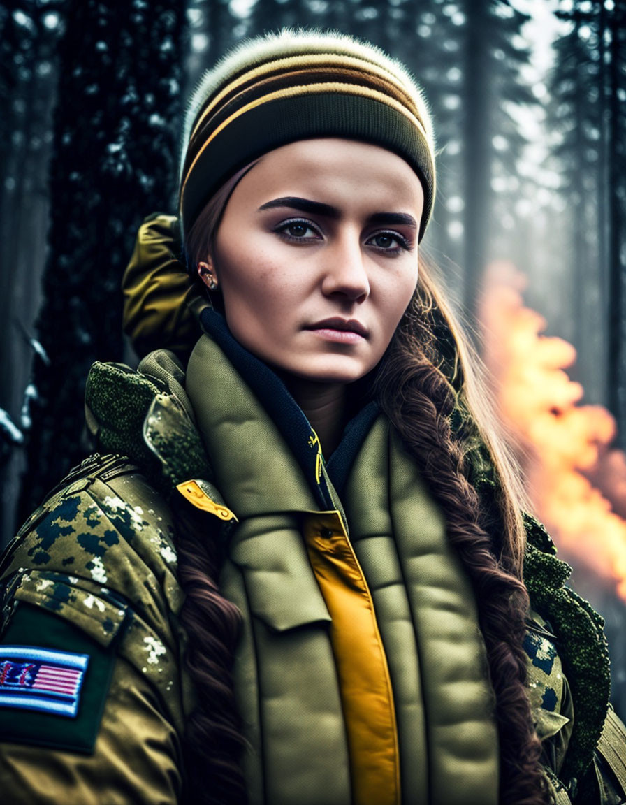 Woman with braided hair in yellow headband and military-style jacket in forest with fire.