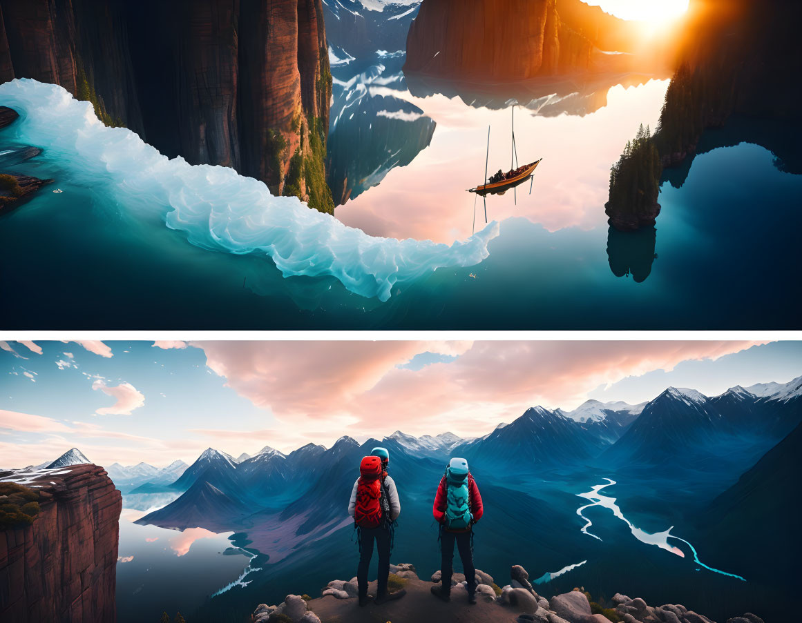 Scenic images of boat on serene lake and hikers on mountain at sunrise