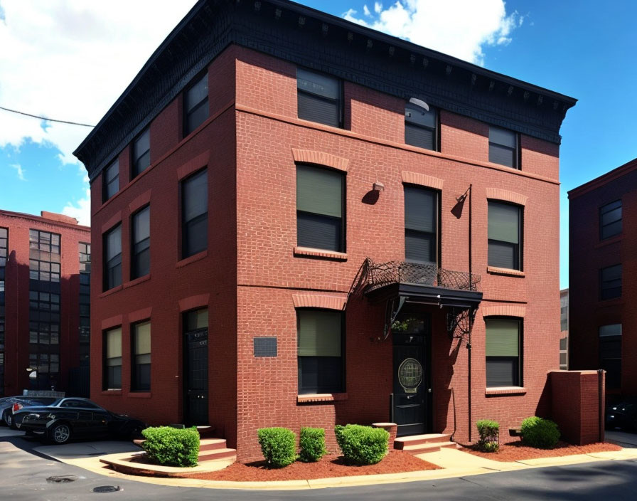 Corner Red Brick Building with Large Windows and Black Shutters