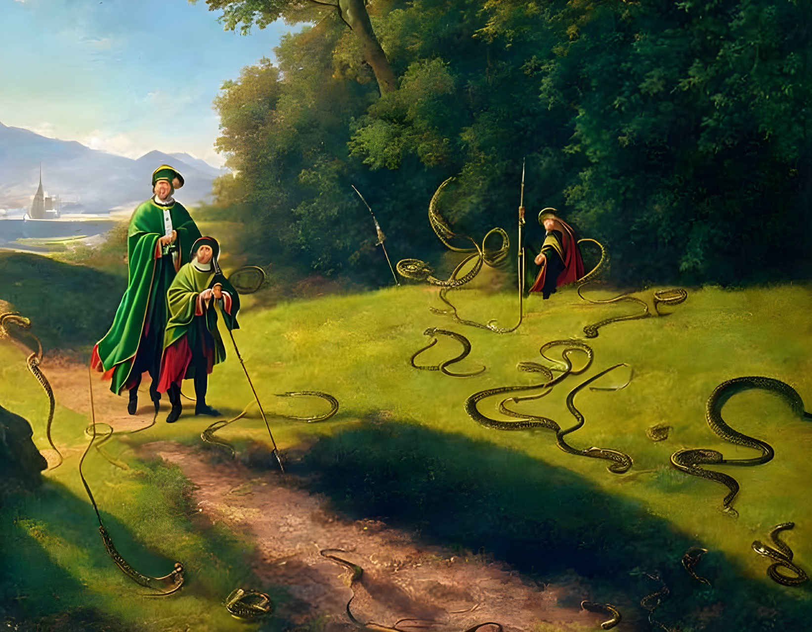 Historical painting of figures among serpents in pastoral landscape