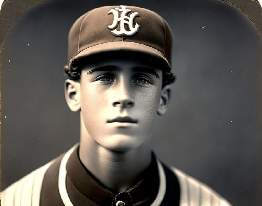 Young baseball player portrait with vintage style and "HC" initials, wearing striped jersey and cap.