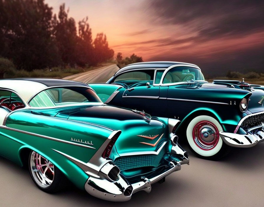 Classic Cars Driving on Road at Dusk with Colorful Sunset Sky