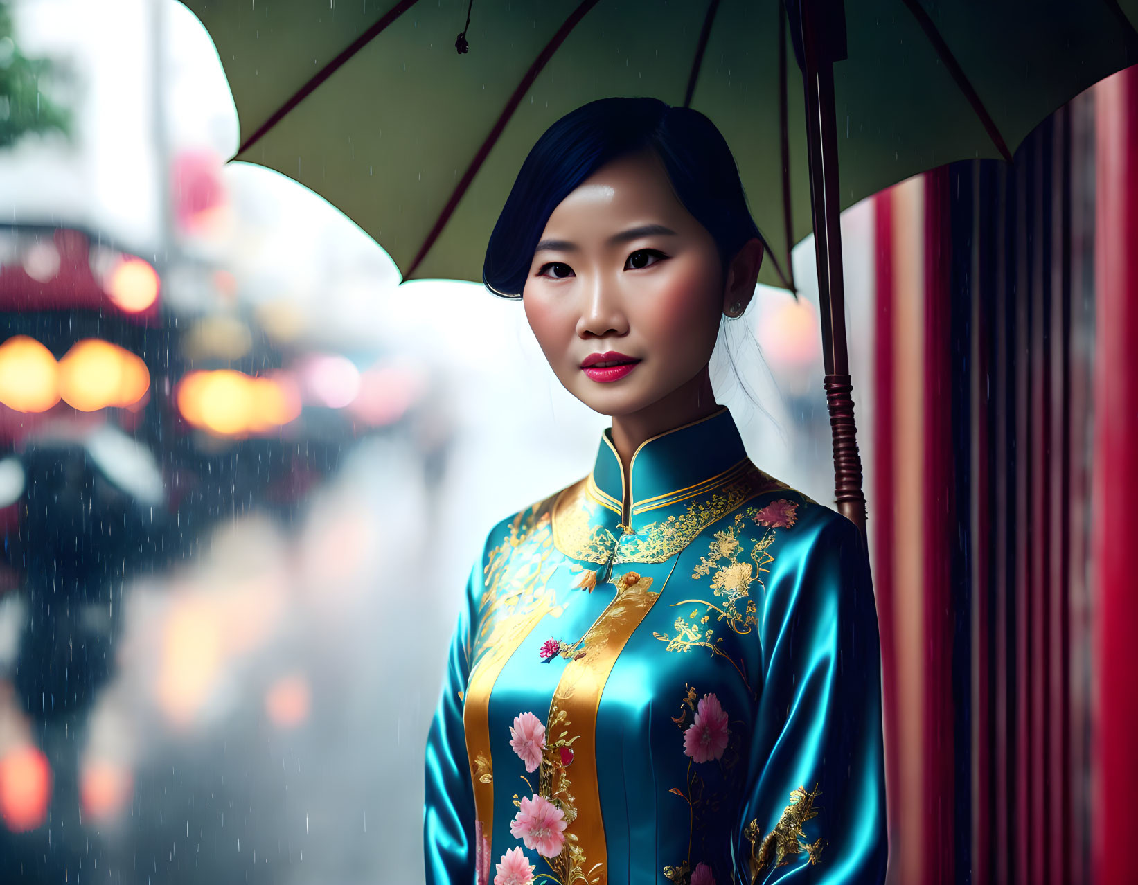 Traditional Blue Ao Dai with Floral Patterns and Green Umbrella in Rainy City Scene