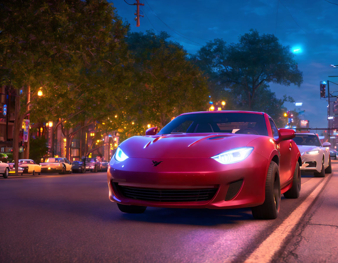 Red sports car driving at dusk with city lights and other vehicles.