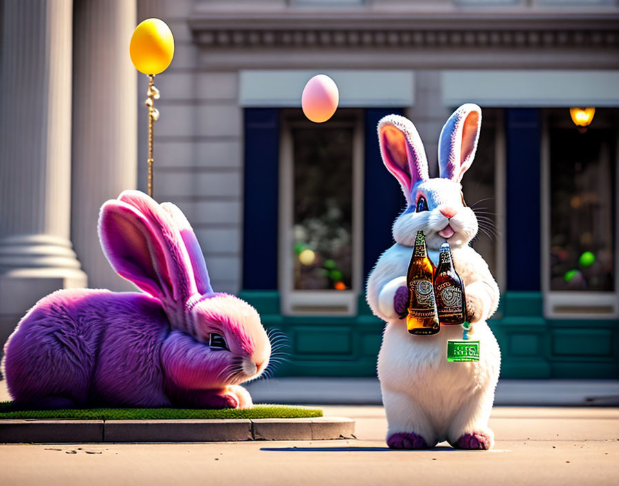 Oversized stylized rabbits with beer bottle and colorful balloons