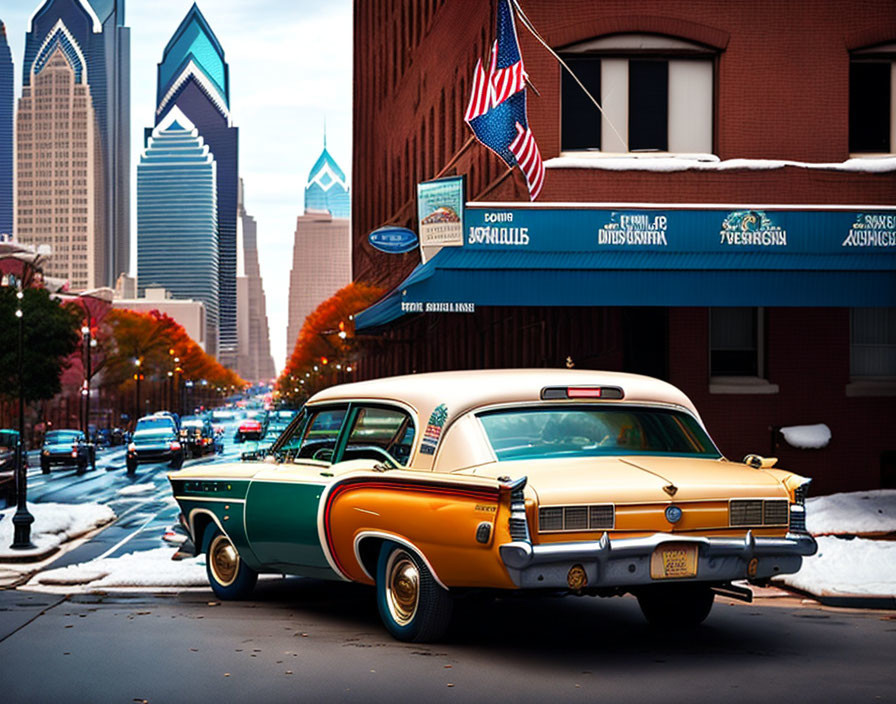 Vintage two-tone car on city street with American flag, buildings, and autumn trees.