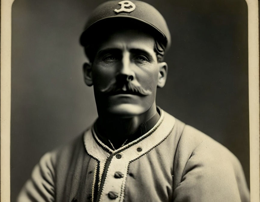 Vintage portrait of a man with mustache in old-style baseball uniform with "P" cap