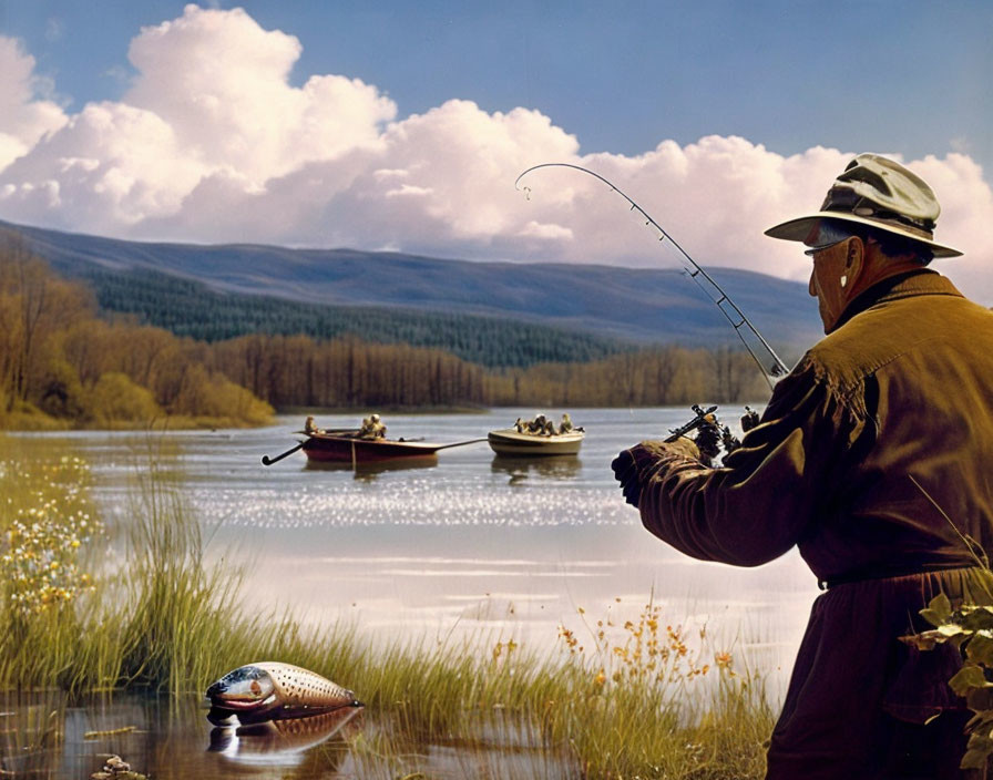 Man fishing by serene lake with boat, mountains, and cloudy sky