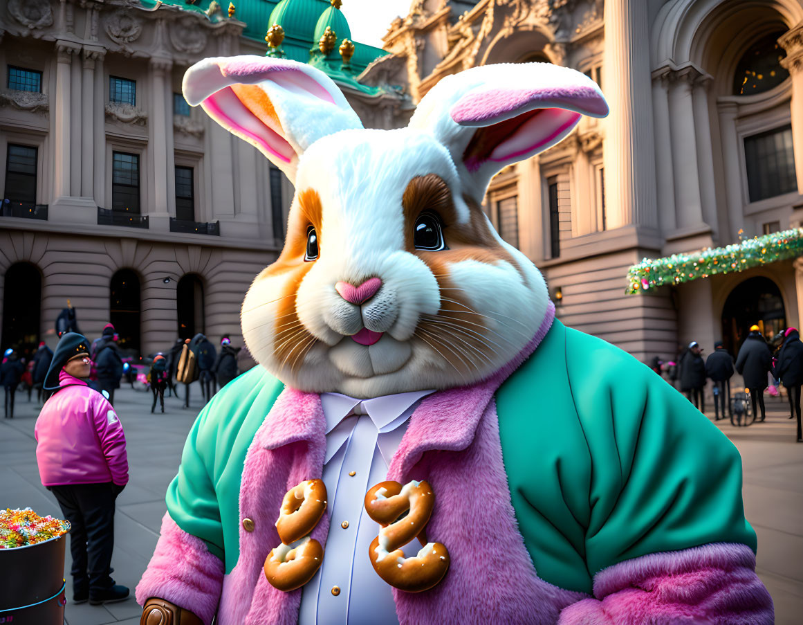 Person in Cartoonish Rabbit Costume with Teal Jacket and Pink Ears Standing in Front of Building