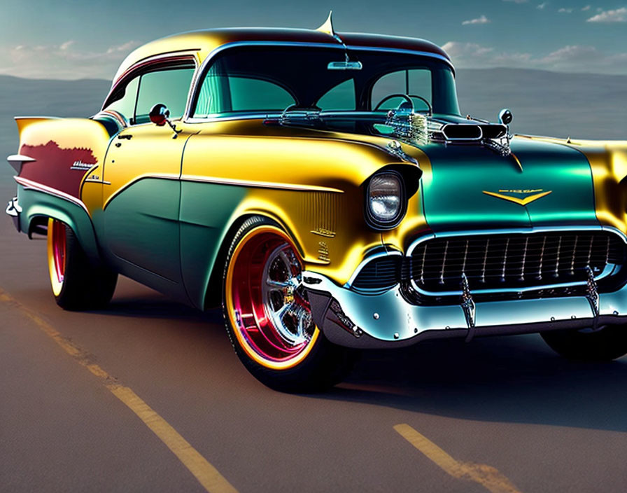 Vintage Yellow Chevrolet with Chrome Detailing and Red-Rimmed Wheels on Road at Sunset