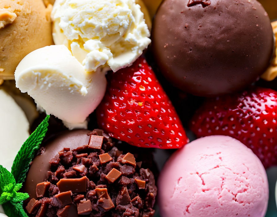 Variety of Ice Cream Scoops with Chocolate, Strawberries, and Mint