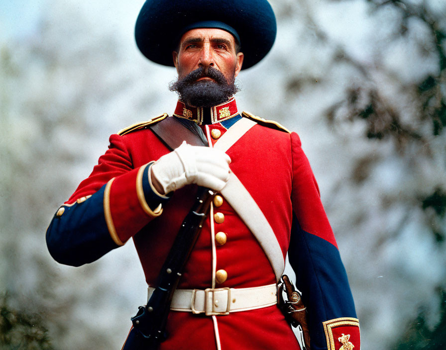 Traditional Red and Blue Military Uniform with Large Black Hat and Sword